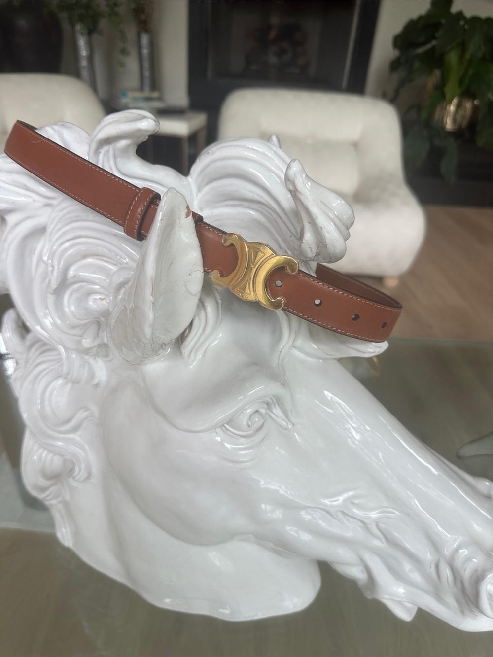 Celine Triomphe Tan Leather Belt with Gold Tone Double-C Buckle